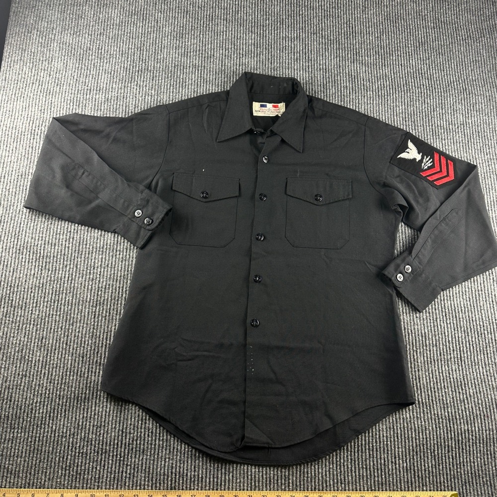 Vintage Flying Cross Mens Black Navy Utility Shirt USN Patch 16.5 x 34 2609
